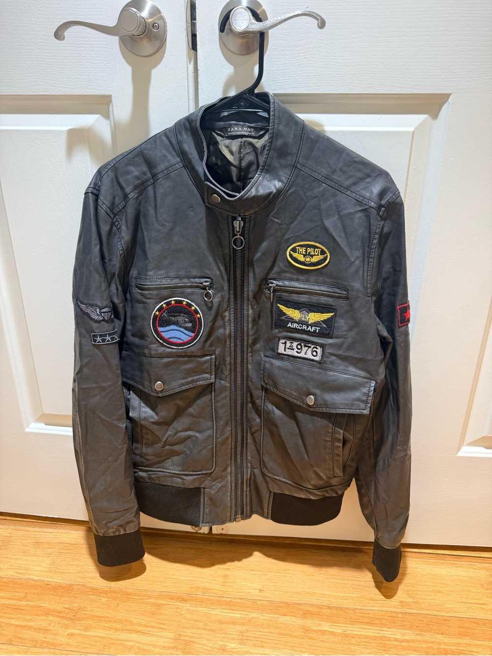 Zara Black Pilot Patch Bomber Jacket with Multicolor Patches